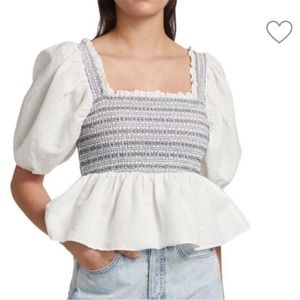 Something Navy White Smocked Peplum Top Size Medium New